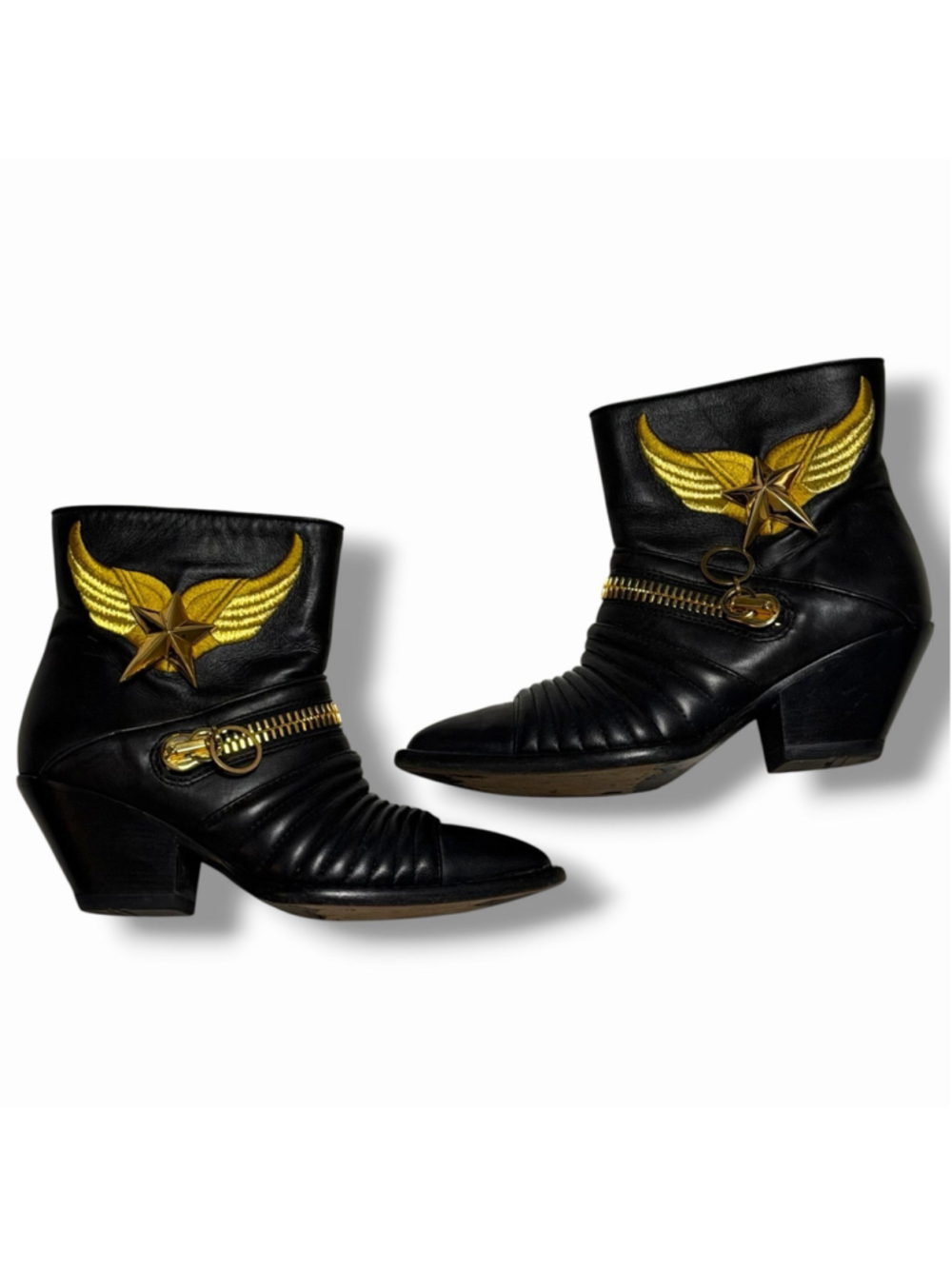 Giuseppe Zanotti North Star Black Leather Gold Winged Star Ankle Booties 37